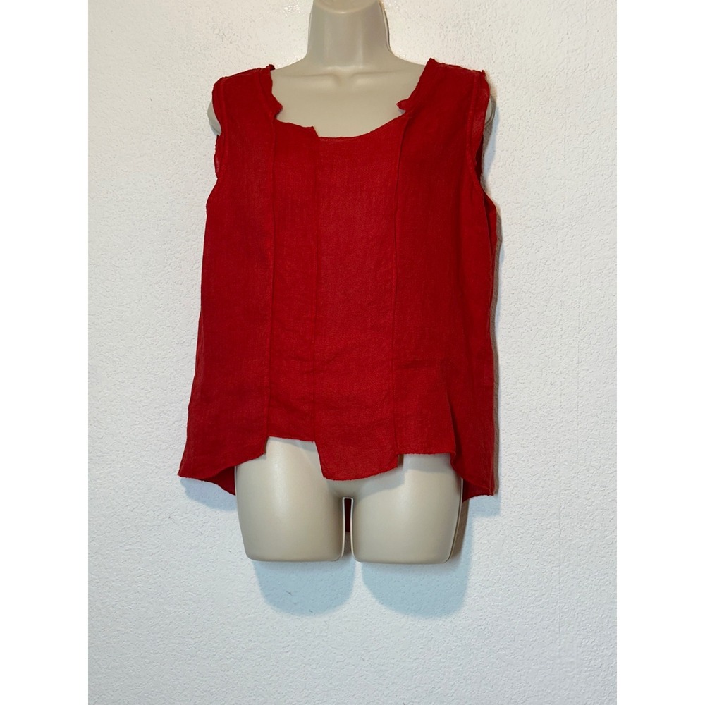 Inizio Italy Red 100% Linen Sleeveless Raw Edge Shell Top Boxy Large Lagenlook